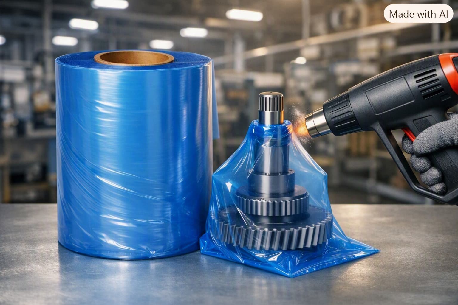 VCI Shrink Film — heat-shrinkable corrosion-inhibiting film that wraps tight around metal parts and assemblies