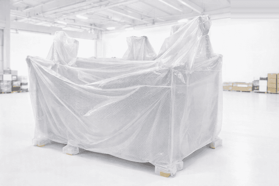 Reinforcement Bag — bubble-and-film reinforced enclosure bracing a palletized assembly for transit